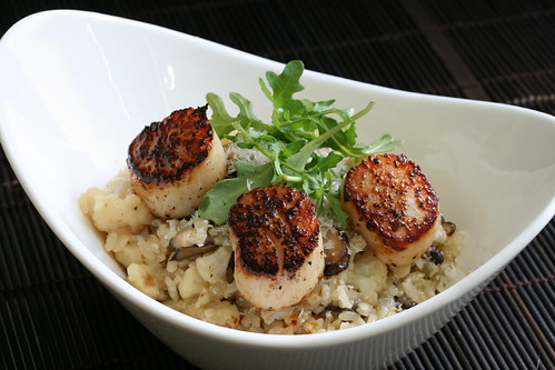 Cauliflower and Mushroom Sticky Rice Risotto with Seared Scallops