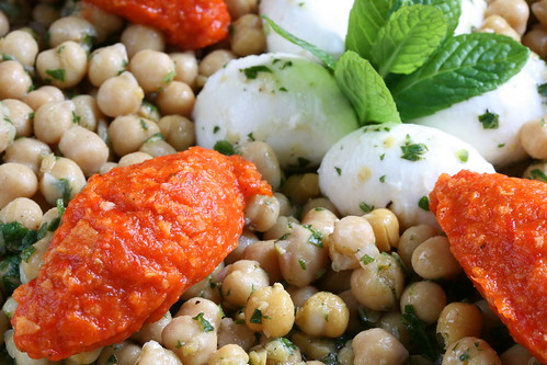 Chickpea Salad with Roasted Pepper Puree and Mozzarella