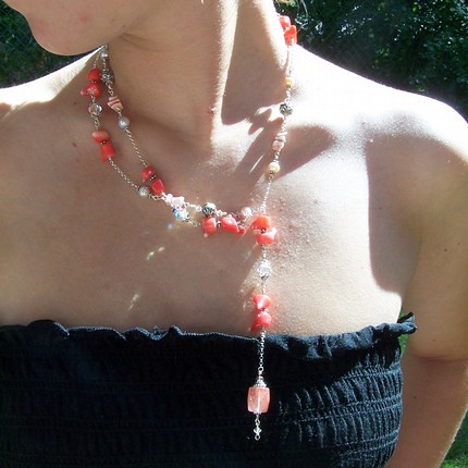 Peachy Coral and Pearl Sterling Lariat