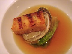 Kimchi Consommé, Grilled Pork Belly, Oysters