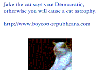 Jake the cat says vote Democratic, otherwise you will cause a cat astrophy.