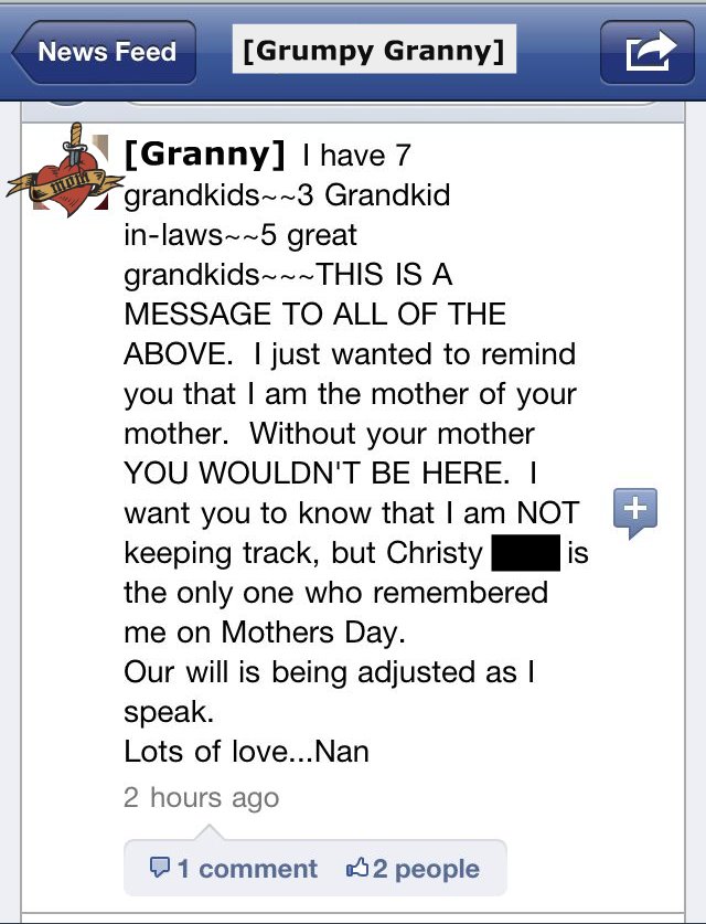 [Grandma]: I have 7 Grandkids -- 3 grandkid-in-laws -- 5 great-grandkids -- THIS IS A MESSAGE TO ALL OF THE ABOVE --  I just wanted to remind you that I am the mother of your mother.  Without your mother YOU WOULDN'T BE HERE. I want you to know that I am NOT keeping track, but Christy [redacted] is the only one who remembered me on Mother's Day.  Our will is being adjusted as I speak.  Lots of Love...Nan