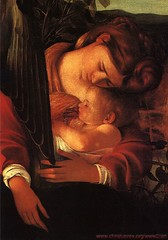 CARAVAGGIO Rest during the flight from Egypt, detail of Mary and Jesus, c1597