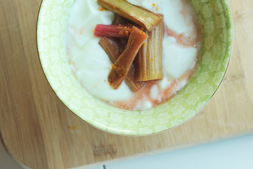 roasted rhubarb with vanilla and rose syrup