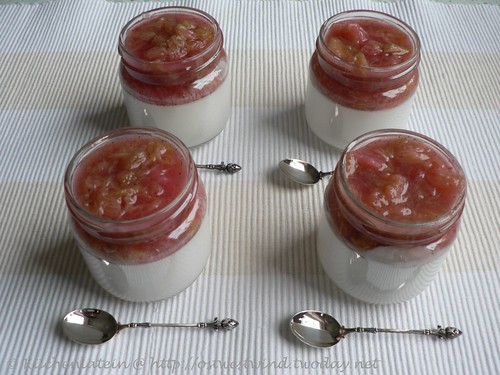 Coconut creams with poached rhubarb