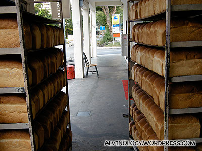 Rows and rows of freshly baked bread, left to cool outside the shop