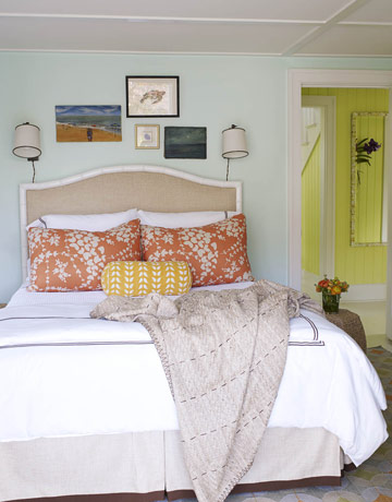 Summery aqua blue bedroom: Neutrals + bright colors + 'Lido Green' by Benjamin Moore
