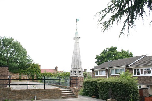 Church spire in housing estate