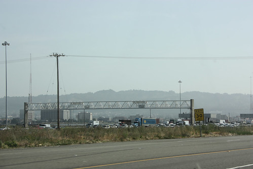 Morning traffic at the toll bridge on the San Francisco to Oakland Bay Bridge