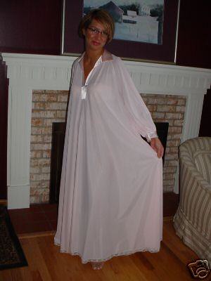 Lucie Ann Pink Nylon & Satin Nightgown Full Length Front Displayed 1