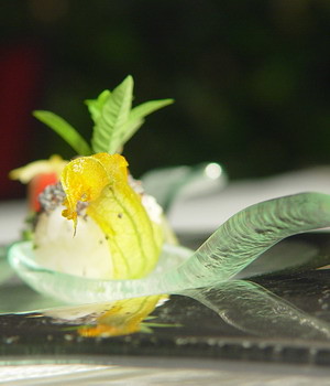 Small spoon shaped glass dish for canapé and  amuse bouche fine dining presentation