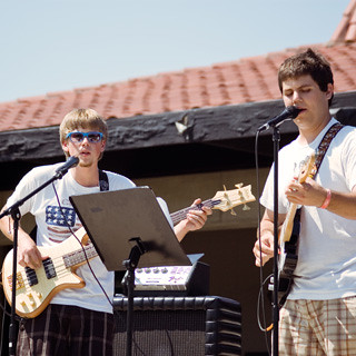 Senior Kevin Hayes (left) and alumnus Paul Marino (right) perform their latest song 