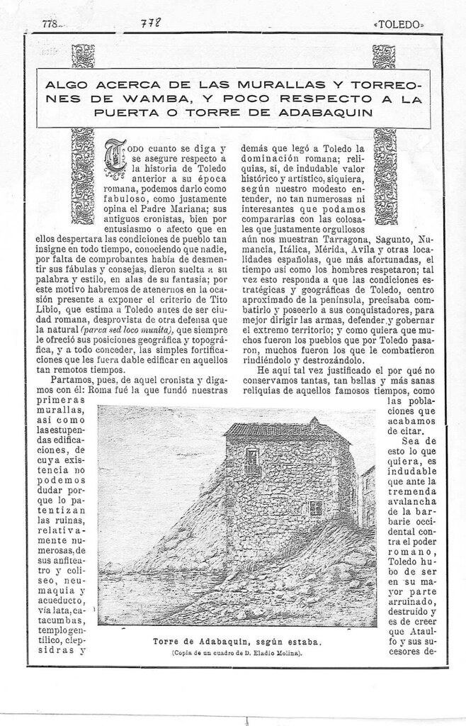 Artículo de Javier Soravilla sobre la Torre del Hierro en 1923. Revista Toledo. Página 1
