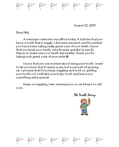 Cheering letter from Tooth Fairy to NHL