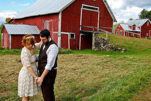 bride and groom on the farm