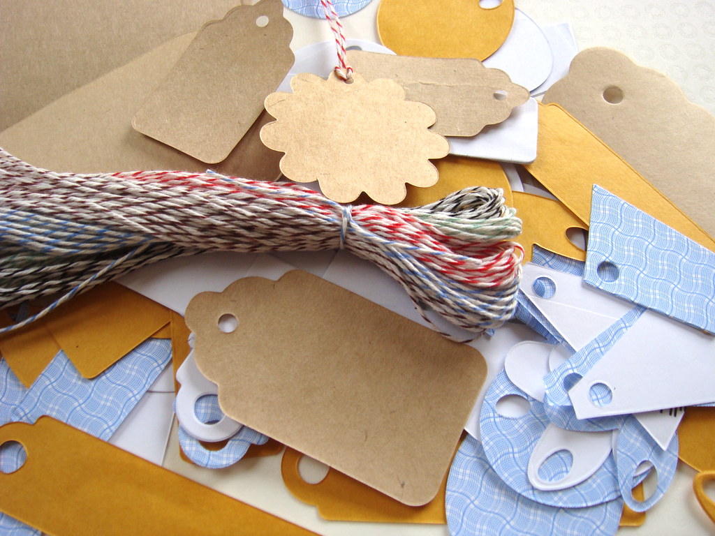 :: Twine and Tags SET - 60 pcs pre-cut 12 inch Bakers Twine (5 colors) AND 60 pcs assorted Up-cycled Die-cut Tags ::