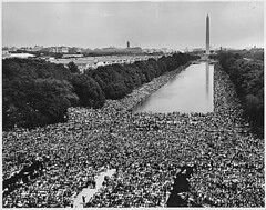 Civil Rights March on Washington, D.C. [A wide-angle view of marchers along the mall, showing the Reflecting Pool and the Washington Monument.], 08/28/1963
