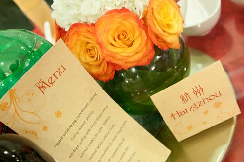Menu, table name card, and centerpiece