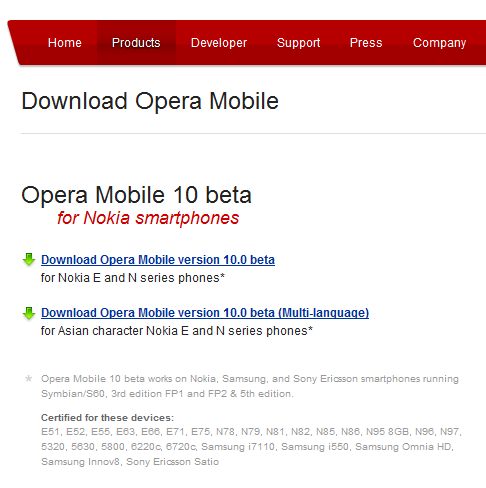 Opera Mobile 10 Beta download page