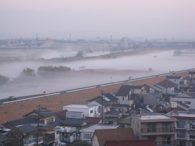今朝の幻想的な庄内川の朝霧の景色です。