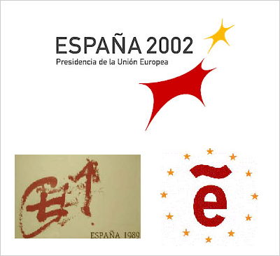 Logotipos de las anteriores presidencias españolas de la UE: arriba, 2002; abajo izquierda, 1989; abajo derecha, 1995.