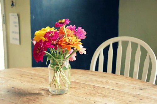zinnias on the kitchen table
