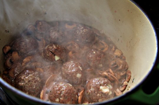 Brie Stuffed Meatballs in Red Wine Mushroom Sauce