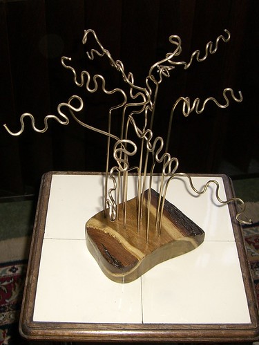 Jewelry tree made out of locust wood and brass rods