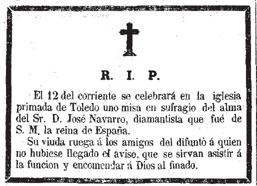 Esquela del diamantista José Navarro. Diario La discusión. 11 febrero de 1863, nº2190, pag 4.