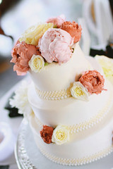 beaded wedding cake with fresh flowers • <a style="font-size:0.8em;" href="http://www.flickr.com/photos/60584691@N02/5707272133/" target="_blank">View on Flickr</a>