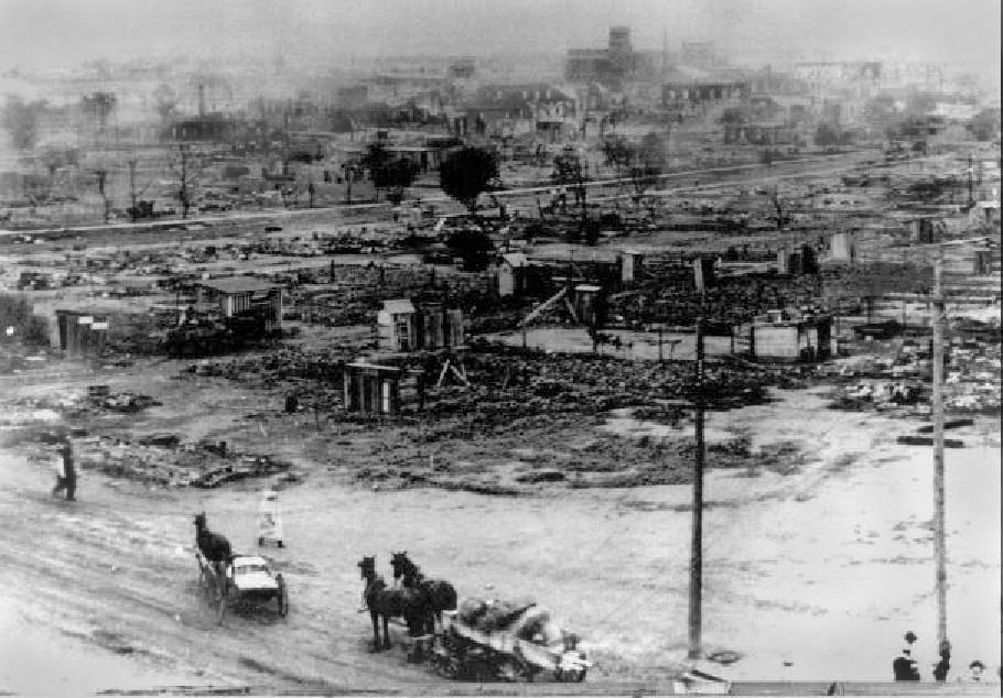 The ruins of Freemont Street in the affluent black suburb of Greenwood in Tulsa Oklahoma in May of 1921.