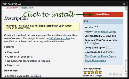 Screen shot to illustrate one of the steps on how to install the WP-Archives plugin