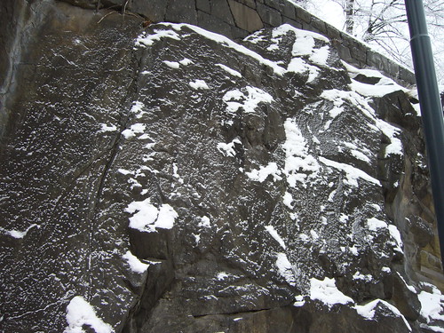 Snow on stone wall