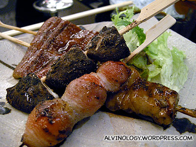 Various barbecued skewered meat