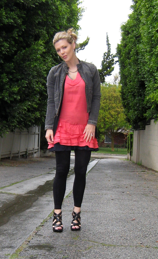 coral ruffle dress+1969 jacket+strappy wedges-1