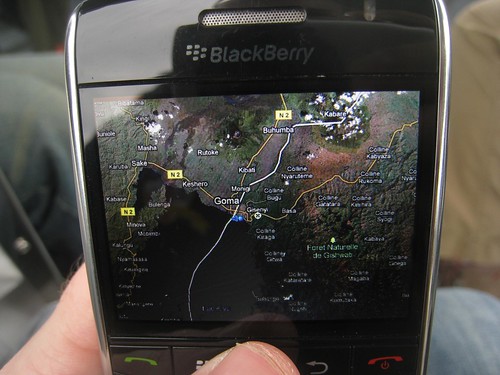 Tracking our position on Lake Kivu by using the GPS on my BlackBerry.
