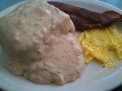 Carols Corner Cafe biscuits and gravy, egg and bacon