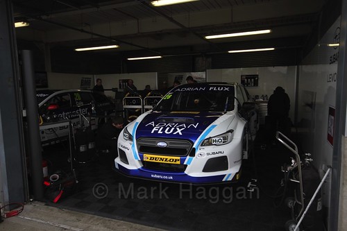 Josh Price's car in the garage before race two at the British Touring Car Championship 2017 at Donington Park