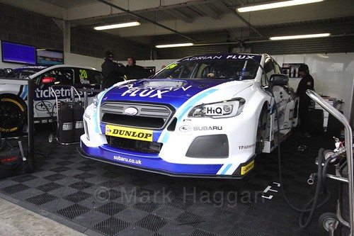 Josh Price's car in the garage before race two at the British Touring Car Championship 2017 at Donington Park