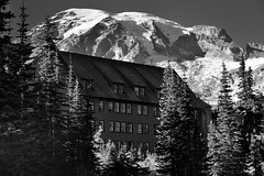 The Paradise Inn and a Mountain Backdrop (Black & White, Mount Rainier National Park)