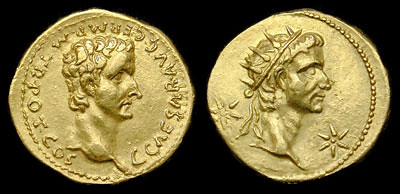 CALIGULA - AUGUSTUS  Aureus, 6,75 g.   Lugdunum, 37 - 38 A.D.   Obverse: C. CAESAR AVG. GERM. P. M. TR. POT. COS.; Bust of Caligula.   Reverse: Bust of Augustus, two stars .   Reference: BMC 1; BN 1; Calicó 336; C 10; RIC 1.