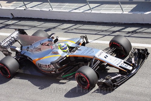 Sergio Pérez in his Force India in Formula One Winter Testing 2017
