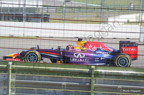Sebastian Vettel in his Red Bull during Free Practice 2 at the 2014 German Grand Prix