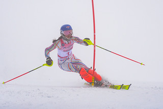 April 14th, 2017- Sofia Lehmann of Argentina takes first place in the Mackenzie Investments Whistler Cup U14 LADIES Slalom Ski Race. Photo by Shea MacNeil - www.coastphoto.com
