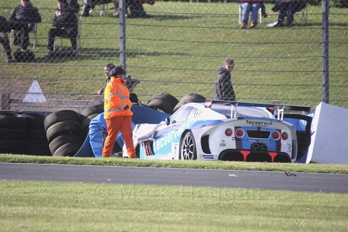 Grahame Tilley crashes out of the Ginetta GT4 Supercup during the BTCC Weekend at Donington Park 2017: Saturday, 15th April