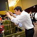 Kathan Bender tinkers with a bamboo water fountain created by his team for Freshman Engineering Design Day.