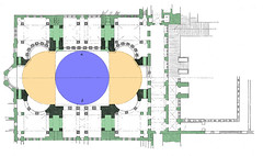 Plan with Dome in Blue, Half Domes in Yellow, and Piers and Masonry Supports in Green