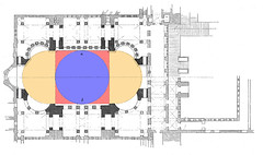 Plan with Pedantives in Red, Dome in Blue, and Half Domes in Yellow