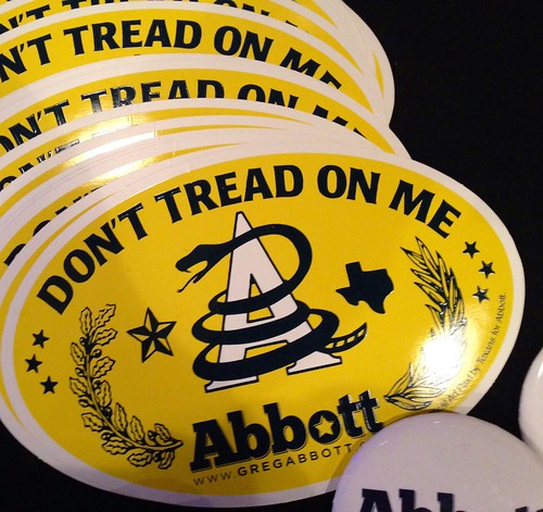 Greg Abbott tea party stickers. Don't tread on me when it comes to, say, masks, but I surely can tread on you when it comes to, say, choice in the outcome of pregnancy., From FlickrPhotos